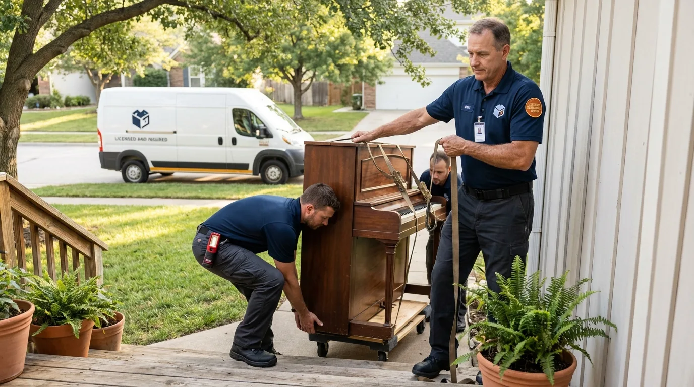 Licensed piano movers securing grand piano in Loganville, GA