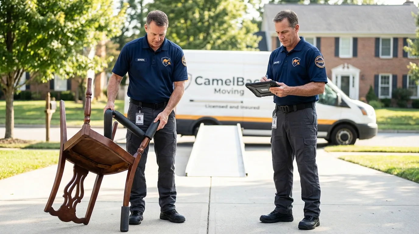 Movers inspecting furniture for damage prevention before loading in Loganville, GA