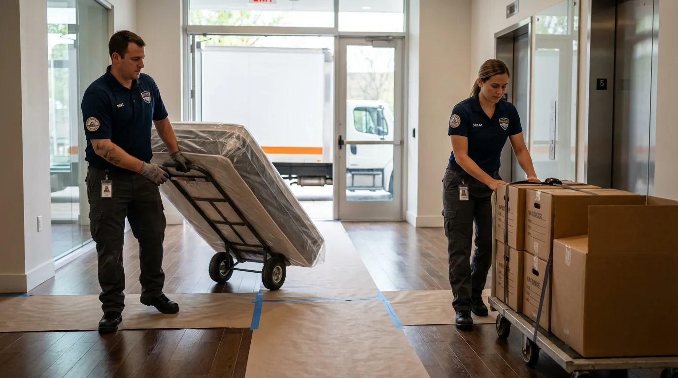 Professional apartment movers loading elevator in Loganville, GA